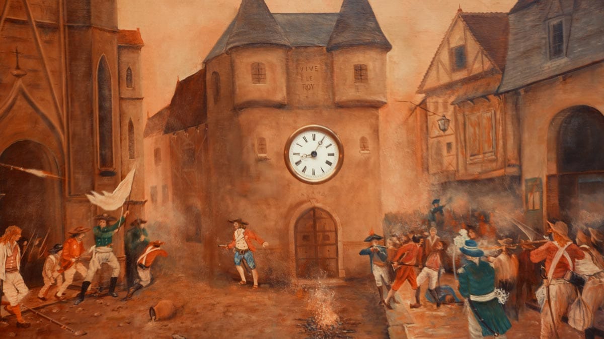 Tableau historique représentant une scène de bataille avec une grande horloge au centre de la place